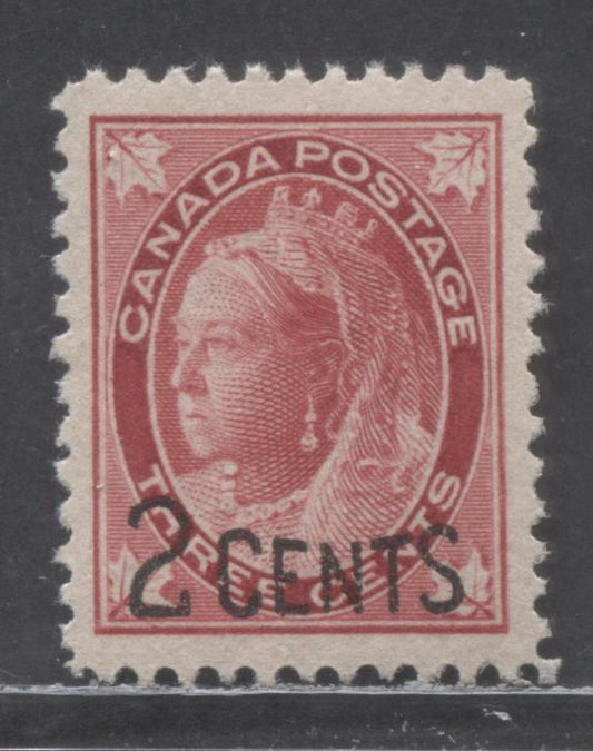 Lot 87 Canada #87 2c on 3c Carmine Queen Victoria, 1899 Provisional Issue, A Very Fine Ungummed Single