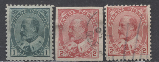Lot 95 Canada #89, 90A, 90 1c & 2c Green, Carmine Rose & Carmine King Edward VII, 1903-1908 King Edward Issue, 3 Very Good/Very Fine Used Singles