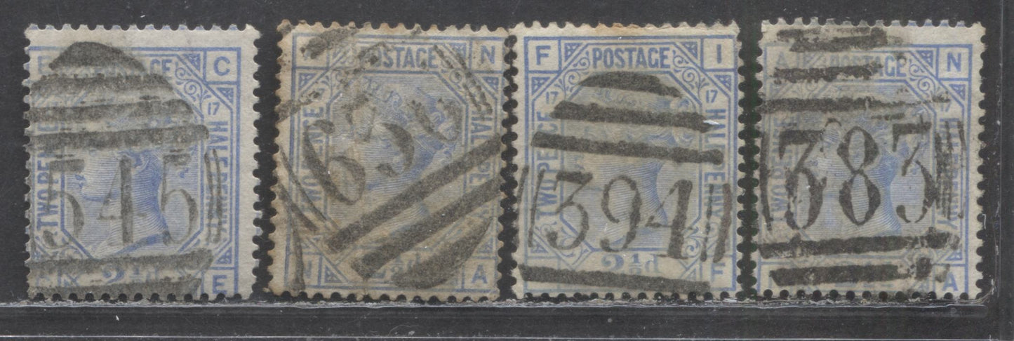 Lot 148 Great Britain SC#68 (SG#142) 2.5d Blue 1873-1880 Large Coloured Letters, Large Colorful Letters, Orb Wmk, Plate 17, England & Wales Cancels, 4 Good Used Examples, Estimated Value $35