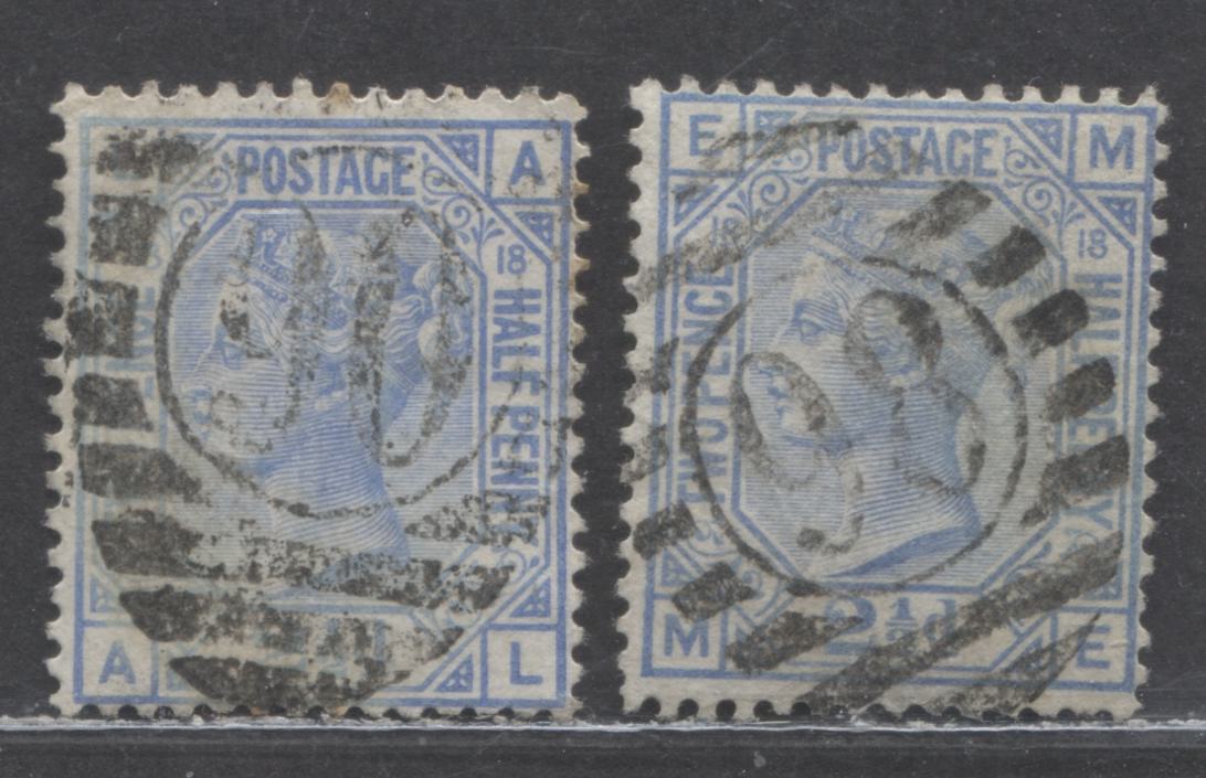 Lot 152 Great Britain SC#68 (SG#142) 2 1/2d Blue 1880 Large Coloured Corner Letters - Surface-Printed Issue, Plate 18 Printing, Orb Wmk, London District Cancels #90 & #98, 2 Fine Used Examples, Click on Listing to See ALL Pictures, Estimated Value $50
