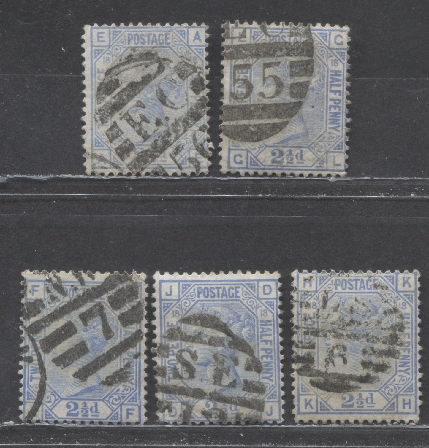 Lot 153 Great Britain SC#68 (SG#142) 2 1/2d Blue 1880 Large Coloured Corner Letters - Surface-Printed Issue, Plate 18 Printing, Orb Wmk, London District Cancels, 5 Very Good Used Examples, Click on Listing to See ALL Pictures, Estimated Value $68