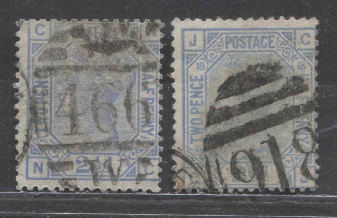 Lot 155 Great Britain SC#68 (SG#142) 2 1/2d Blue 1880 Large Coloured Corner Letters - Surface-Printed Issue, Plate 18 Printing, Orb Wmk, Liverpool & Worchester,Worchestershire Cancels, 2 Very Good Used Examples, Estimated Value $28
