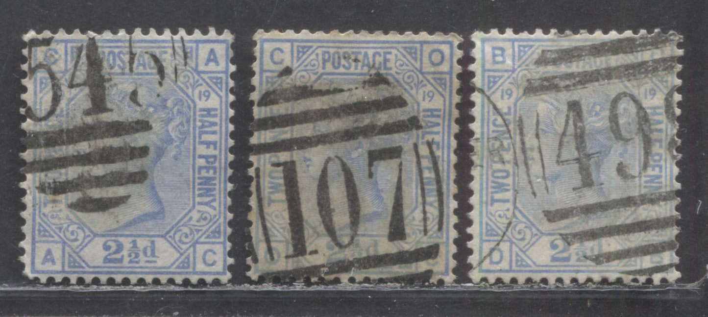 Lot 163 Great Britain SC#68 (SG#142) 2 1/2d Blue 1880 Large Coloured Corner Letters - Surface-Printed Issue, Plate 19 Printing, Orb Wmk, English Cancels, 3 Fine Used Examples, Click on Listing to See ALL Pictures, Estimated Value $70