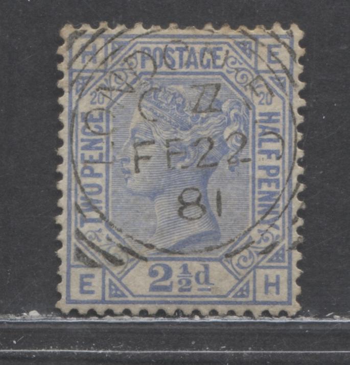 Lot 167 Great Britain SC#68 (SG#142) 2 1/2d Blue 1880 Large Coloured Corner Letters - Surface-Printed Issue, Plate 20 Printing, Orb Wmk, Feb. 22, 1881 London Squared Circle Cancel, A Very Fine Used Example, Estimated Value $95