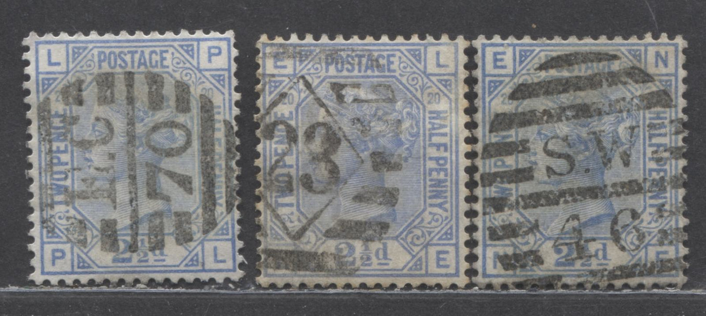 Lot 170 Great Britain SC#68 (SG#142) 2 1/2d Cobalt & Blue 1880 Large Coloured Corner Letters - Surface-Printed Issue, Plate 20 Printing, Orb wmk, London District Cancels, 3 Fine Used Examples, Click on Listing to See ALL Pictures, Estimated Value $75