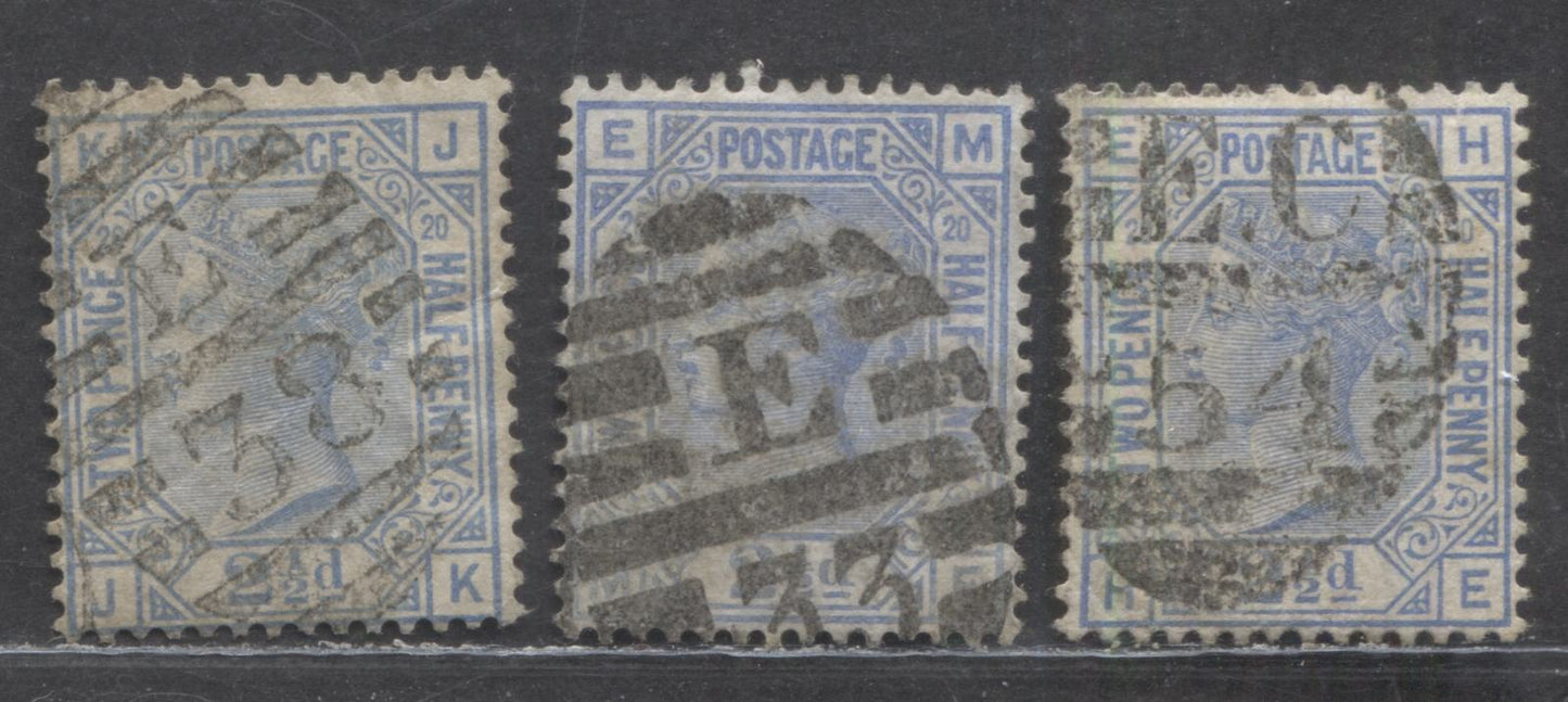 Lot 171 Great Britain SC#68 (SG#142) 2 1/2d Cobalt & Blue 1880 Large Coloured Corner Letters - Surface-Printed Issue, Plate 20 Printing, Orb wmk, London District Cancels, 3 Fine Used Examples, Click on Listing to See ALL Pictures, Estimated Value $70