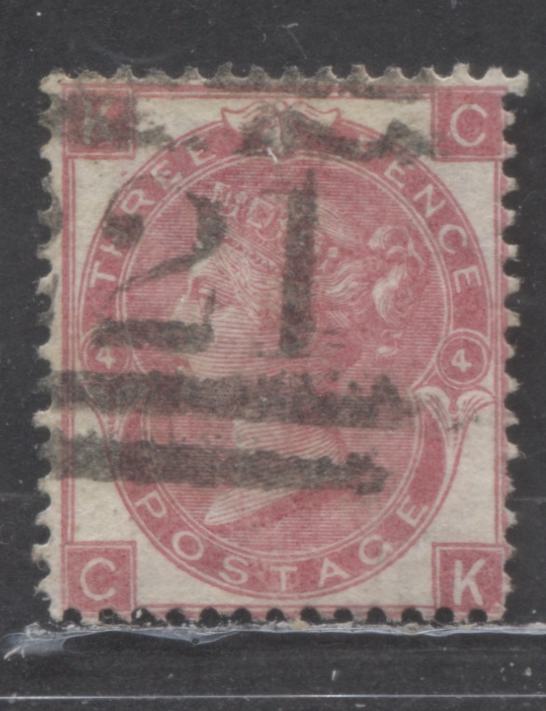 Lot 172 Great Britain SC#44 (SG#92) 3d Deep Rose 1865 - 1867 Large White Corner Letters - Surface Printed Issue, Plate 4, Wmk Emblems, A Fine Used Example, Click on Listing to See ALL Pictures, Estimated Value $160