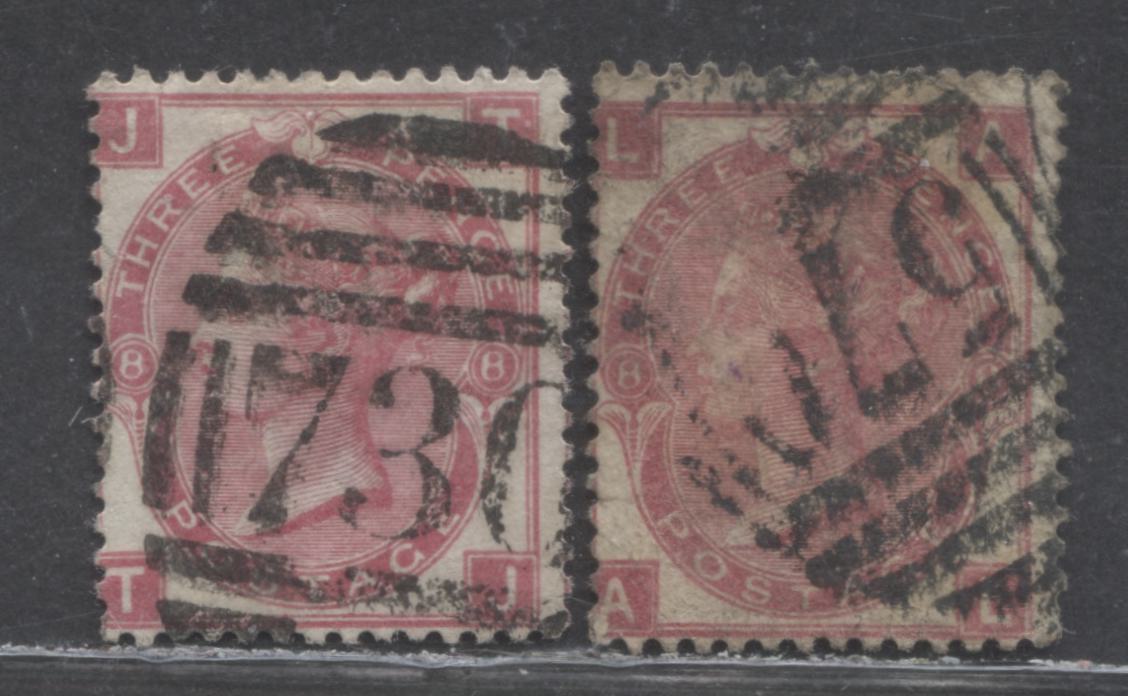 Lot 185 Great Britain SC#49 (SG#103) 3d Rose 1867 - 1880 Large White Corner Letters - Surface-Printed Issue, Plate 8 Printing, Spray Of Rose Wmk, English Cancels, 2 Very Good Used Examples, Click on Listing to See ALL Pictures, Estimated Value $30