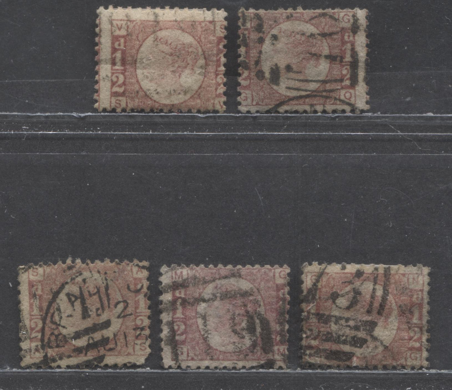 Lot 22 Great Britain SC#58 (SG#48) 1/2d Rose Red 1870 - 1880 Bantam Issue, Plate 4,5,8,8,11,12 Printings, 5 Good Used Examples, Click on Listing to See ALL Pictures, Estimated Value $32