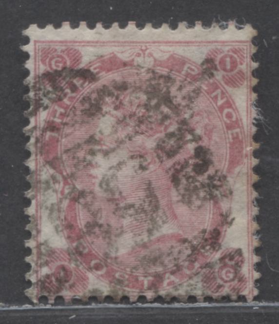Lot 42 Great Britain SC#37 (SG#77) 3d Pale Carmine Rose 1862 Small White Corner Letters - Surface Printed Issue, Watermark Rose, Thistle, Shamrock, A Very Good - Fine Used Example, Click on Listing to See ALL Pictures, Estimated Value $100