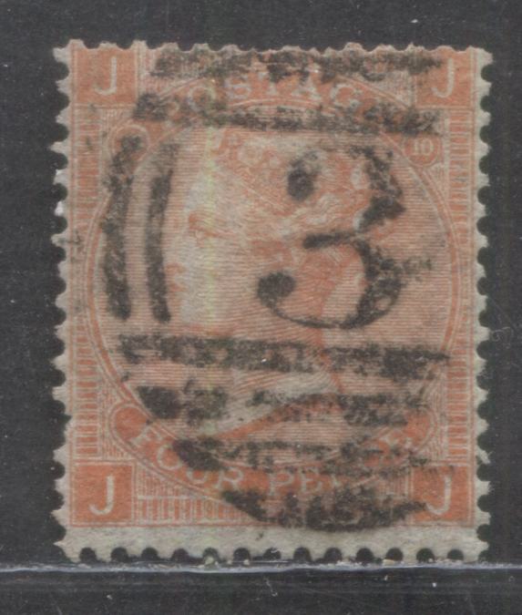 Lot 51 Great Britain SC#43a (SG#94wi) 4d Vermilion 1865 Large Uncoloured Corner Letters - Surface Printed Issue, Plate 10, Inverted Large Garter Wmk, A Good Used Example, Click on Listing to See ALL Pictures, Estimated Value $19