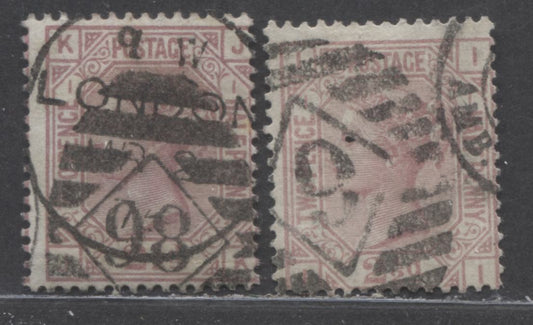 Lot 82 Great Britain SC#66 (SG#139) 2.5d Rosy Mauve 1873-1880 Large Coloured Letters, Anchor Wmk, White Paper, Plate 1, #6 Edgware & #98 London Cancels, 2 Very Good Used Examples, Estimated Value $60