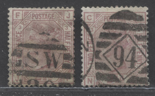 Lot 88 Great Britain SC#66 (SG#139) 2.5d Rosy Mauve 1873-1880 Large Coloured Letters, Anchor Wmk, White Paper, Plate 3, London District Cancels, 2 Good/Very Good Used Examples, Estimated Value $60