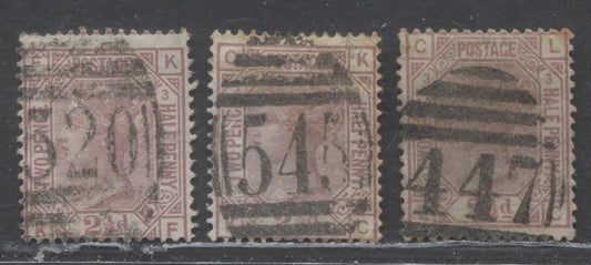 Lot 91 Great Britain SC#67 (SG#141) 2.5d Rosy Mauve 1873-1880 Large Coloured Letters, Large Colorful Letters, Orb Wmk, Plate 3, England & Wales Cancels, 3 Good/Very Good Used Examples, Estimated Value $75