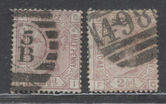 Lot 94 Great Britain SC#67 (SG#141) 2.5d Rosy Mauve 1873-1880 Large Coloured Letters, Large Colorful Letters, Orb Wmk, Plate 4, London District & Manchester Cancels, 2 Very Good Used Examples, Estimated Value $42