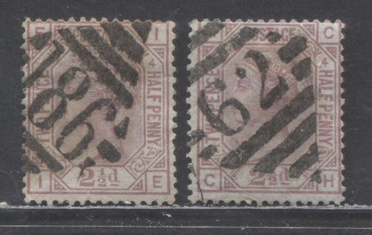 Lot 95 Great Britain SC#67 (SG#141) 2.5d Rosy Mauve 1873-1880 Large Coloured Letters, Large Colorful Letters, Orb Wmk, Plate 4, #62 Belfast & Dublin, Ireland Cancels, 2 Good Used Examples, Estimated Value $22