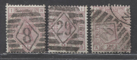 Lot 99 Great Britain SC#67 (SG#141) 2.5d Rosy Mauve 1873-1880 Large Coloured Letters, Large Colorful Letters, Orb Wmk, Plate 5, London District Diamond Grid Cancels, 3 Good/Very Good Used Examples, Estimated Value $42