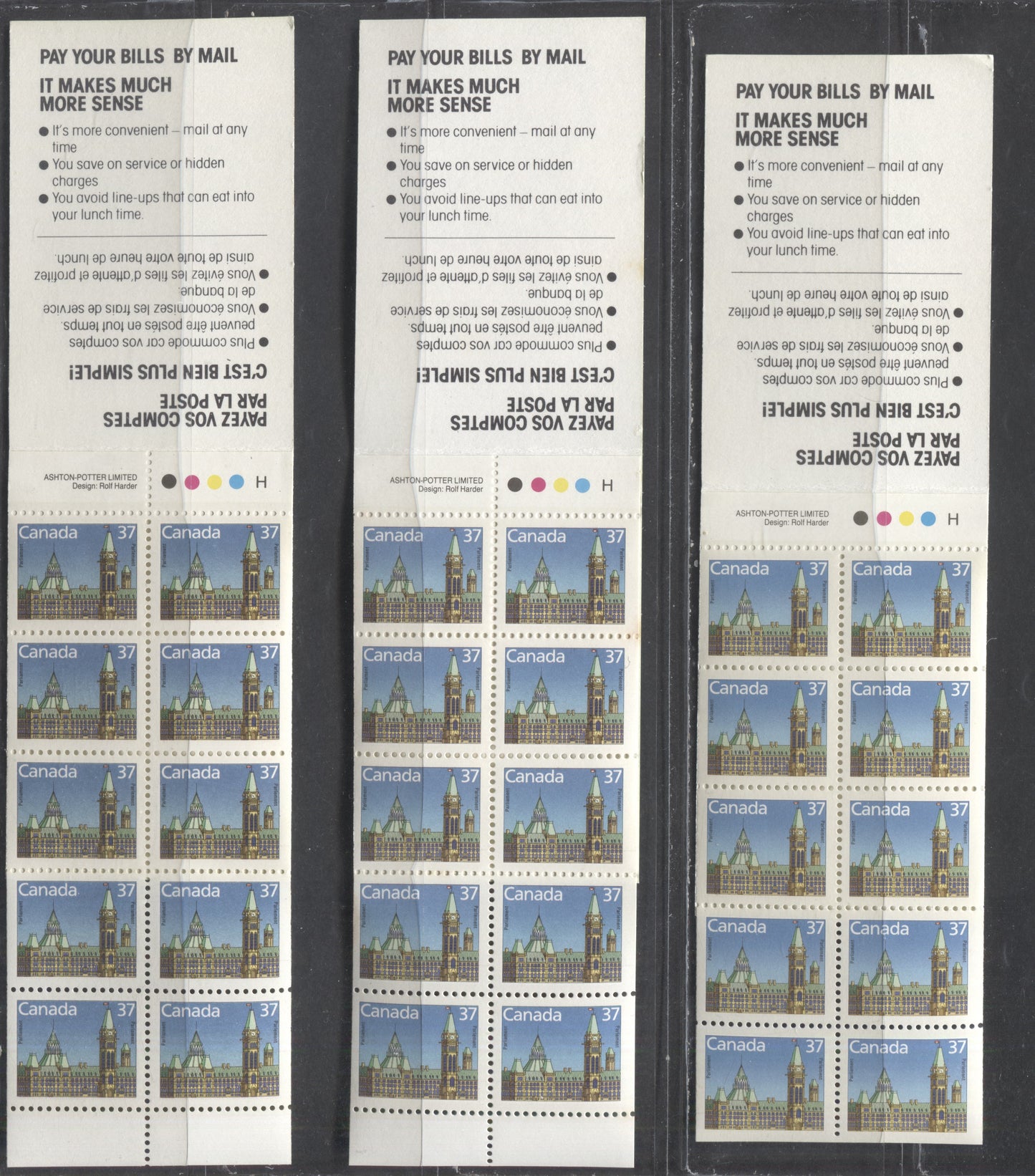 Canada #BK97a,b,d 37c Multicolored Parliament Building, 1987 Flag & Wildlife Issue, 3 VFNH Booklets Of 10 On Harrison Papers With Different Cover Texts & Card Stocks