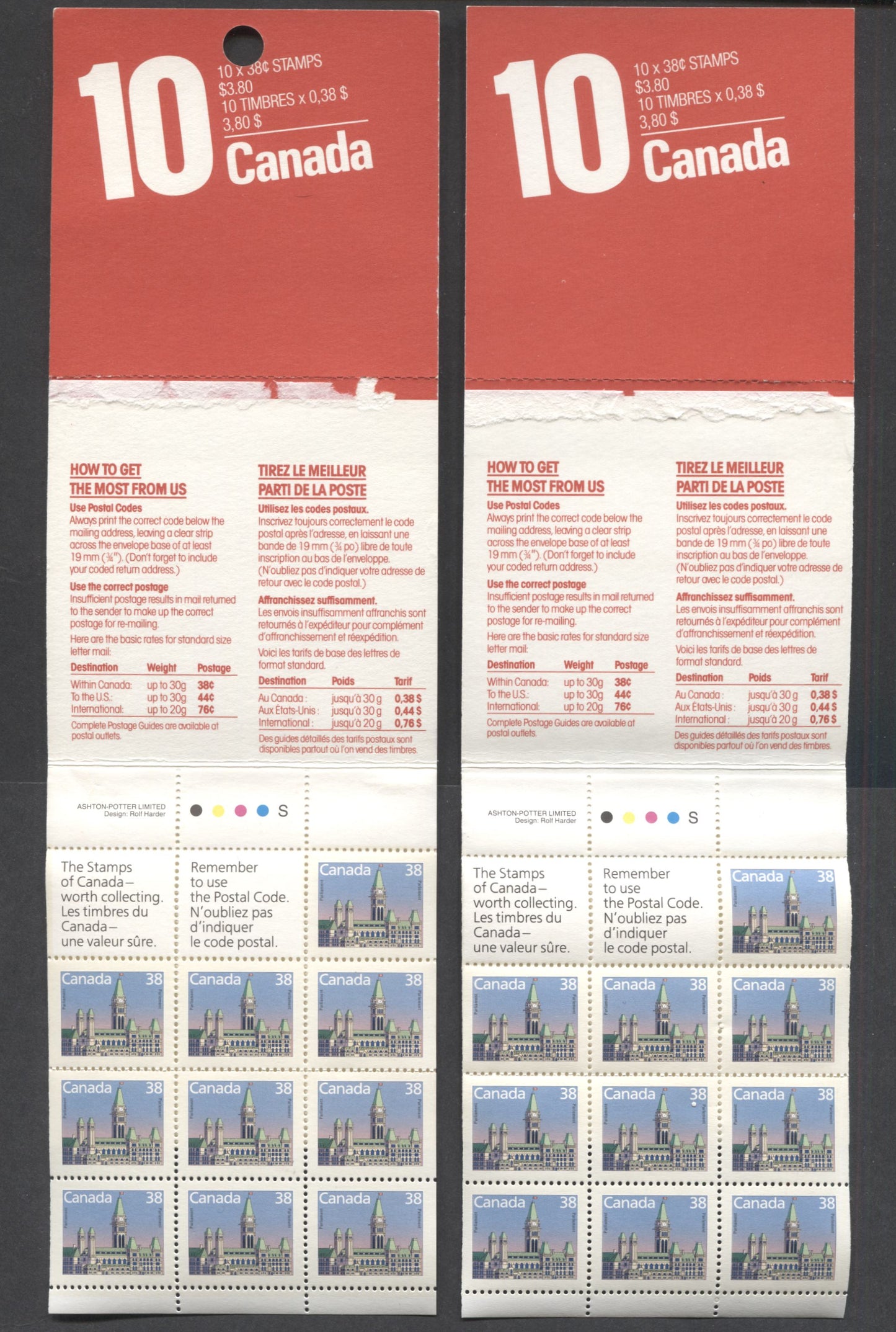 Canada #BK101a-b 38c Multicolored Parliament Building, 1988 Flag & Wildlife Issue, 2 VFNH Booklets Of 10 + Labels With Glossy & Matte Covers, Stamps By Mail & Lunch Saver Texts,Unsurgaced & Surfaced/Glossy Covers, LF Stock