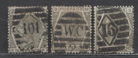 Lot 1 Great Britain SC#62 (SG#147) 6d Grey 1873-1880 Large Coloured Corner Letters, Plate 16 Printing, Spray Of Rose Wmk, 3 Very Good Used Examples, Click on Listing to See ALL Pictures, Estimated Value $67