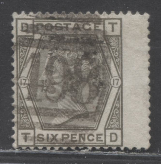 Lot 4 Great Britain SC#62 (SG#147) 6d Grey 1873-1880 Large Coloured Corner Letters, Plate 17 Printing, Spray Of Rose Wmk, #498 Manchester Cancel, A Fine Used Example, Click on Listing to See ALL Pictures, Estimated Value $90