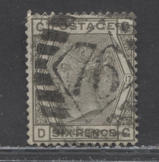 Lot 304 Great Britain SC#62 (SG#147) 6d Grey 1873-1880 Large Coloured Corner Letters, Plate 17, Spray Of Rose Wmk, #76 London District Cancel, A Fine Used Example, Click on Listing to See ALL Pictures, Estimated Value $90