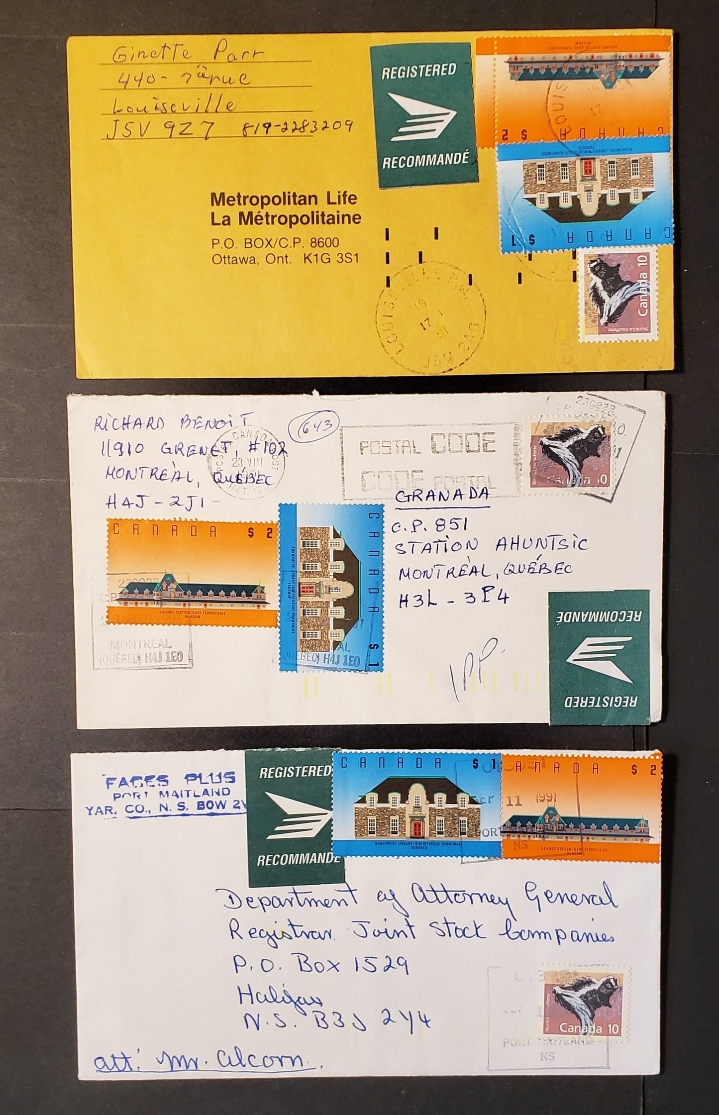 Lot 228 Canada #1160, 1181-1182 $1-$2 High Value Definitives, 1988-1992 Mammal and Architecture Issue, Combination Use on Three $3.10 Registered Domestic Covers