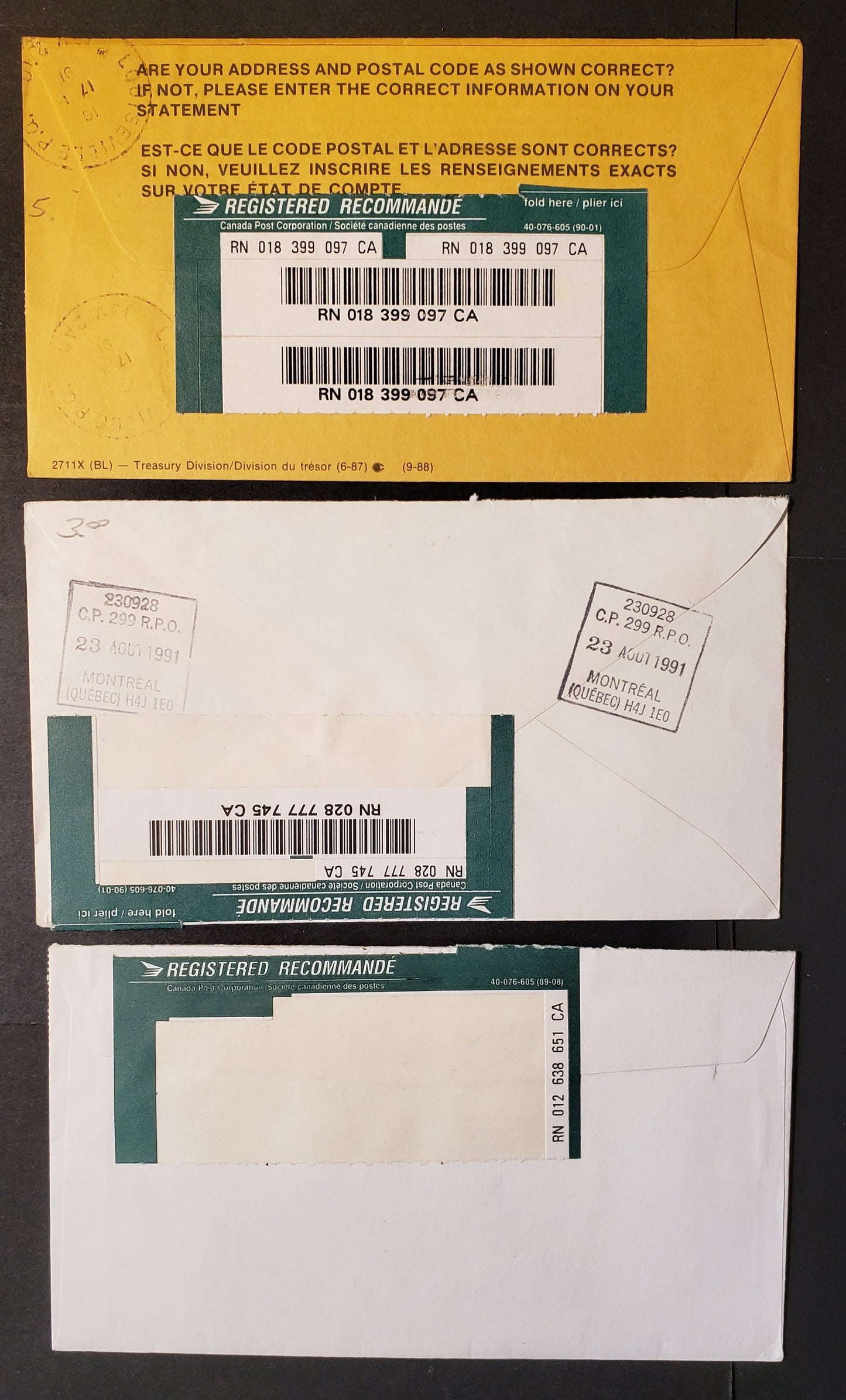 Lot 228 Canada #1160, 1181-1182 $1-$2 High Value Definitives, 1988-1992 Mammal and Architecture Issue, Combination Use on Three $3.10 Registered Domestic Covers