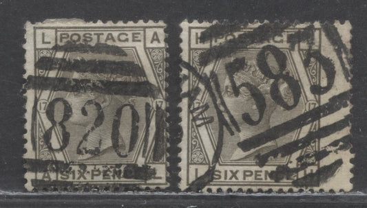 Lot 1 Great Britain SC#62 (SG#147) 6d Grey 1873-1880 Large Coloured Corner Letters, Plate 17 Printing, Spray Of Rose Wmk, 2 Very Good Used Examples, Click on Listing to See ALL Pictures, Estimated Value $90