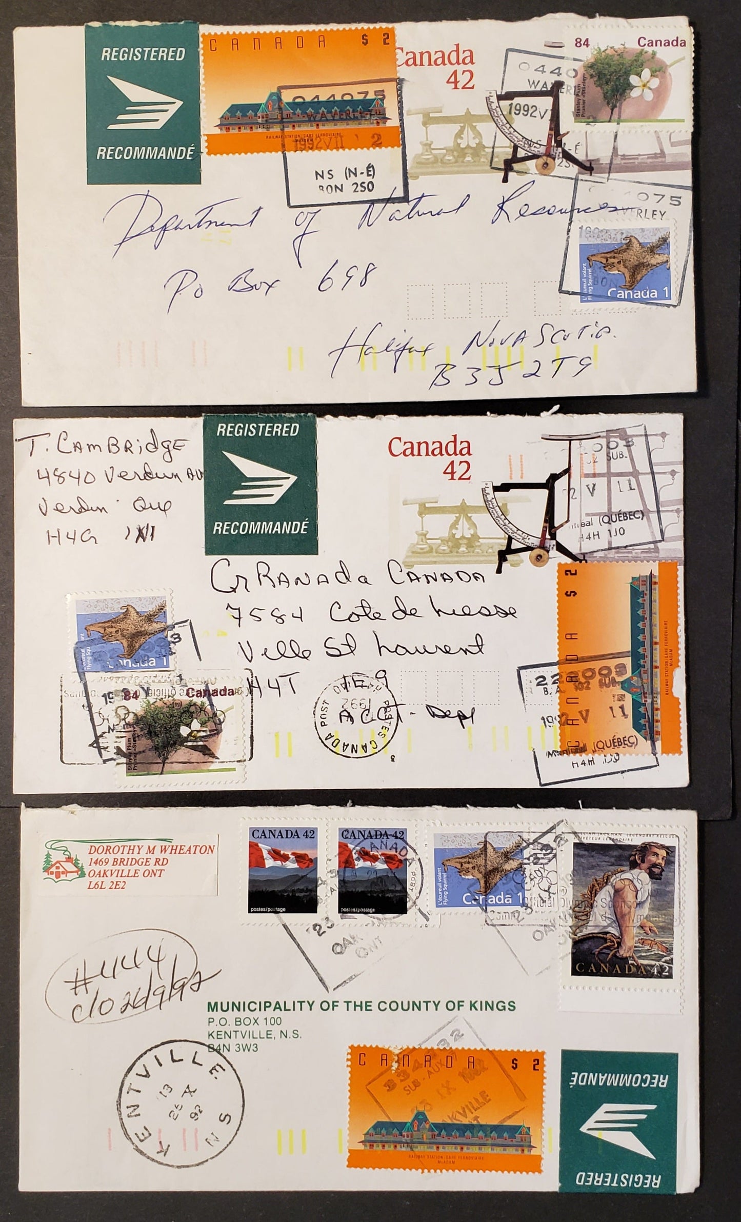 Canada #1155ii, 1182, 1182iii $2 High Value Definitive, 1988-1992 Mammal and Architecture Issue, Combination Use on Three $3.27 Registered Domestic Covers