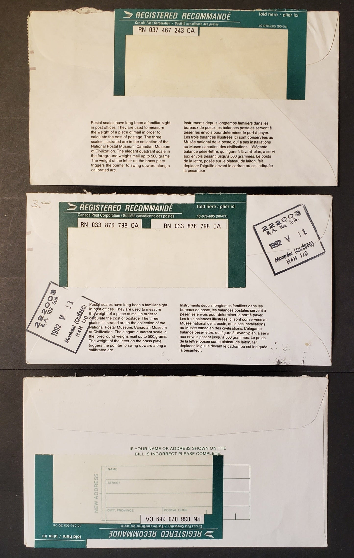 Canada #1155ii, 1182, 1182iii $2 High Value Definitive, 1988-1992 Mammal and Architecture Issue, Combination Use on Three $3.27 Registered Domestic Covers