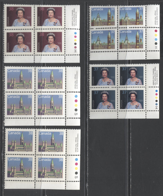 Canada #1162-1165 37c Queen Elizabeth II – 38c Parliament, 1988-1992 Mammal and Architecture Issue, 5 VFNH LR Inscription Blocks on Various Harrison and Slater Papers