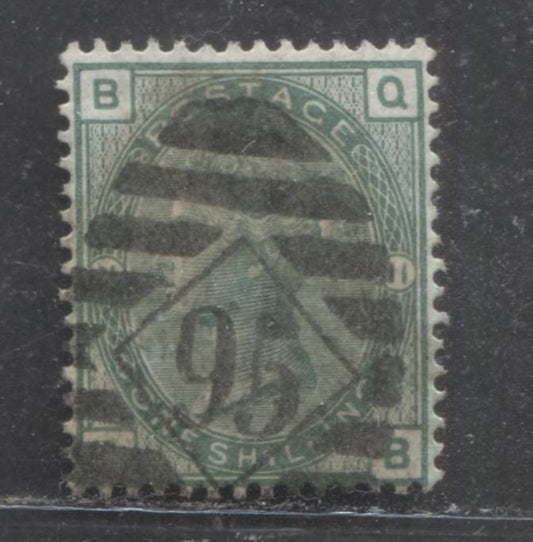 Lot 2 Great Britain SC#64 (SG#148) 1/- Deep Green 1873-1880 Large Coloured Corner Letters, Plate 11 Printing, Spray Of Rose Wmk, #95 London District Cancel, A Very Good Used Example, Estimated Value $60