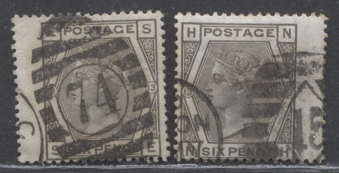 Lot 302 Great Britain SC#62 (SG#147) 6d Grey 1873-1880 Large Coloured Corner Letters, Plate 13 Printing, Spray Of Rose Wmk, London District Cancels, 2 Very Good - Fine Used Examples, Estimated Value $60