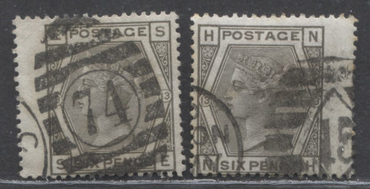 Lot 302 Great Britain SC#62 (SG#147) 6d Grey 1873-1880 Large Coloured Corner Letters, Plate 13 Printing, Spray Of Rose Wmk, London District Cancels, 2 Very Good - Fine Used Examples, Estimated Value $60