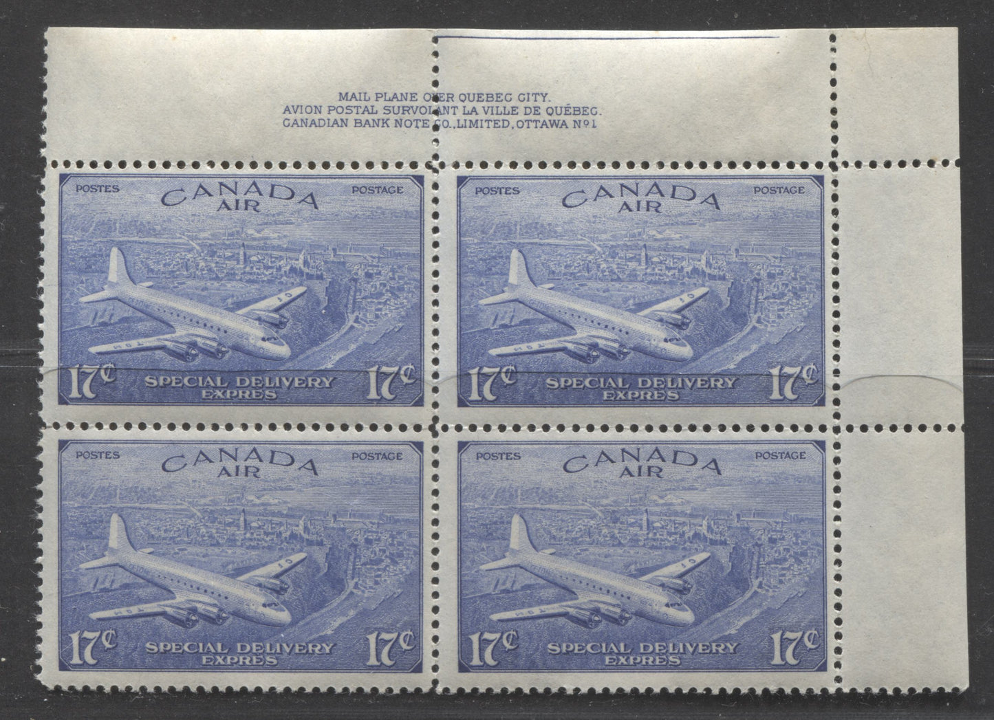 Canada #CE4 17c Bright Ultramarine D.C. 4-M Airplane, 1946 Air Mail Special Delivery Issue, A FNH Block Of 4 On Crisp Vertical Wove Paper, Deep Yellowish Gum