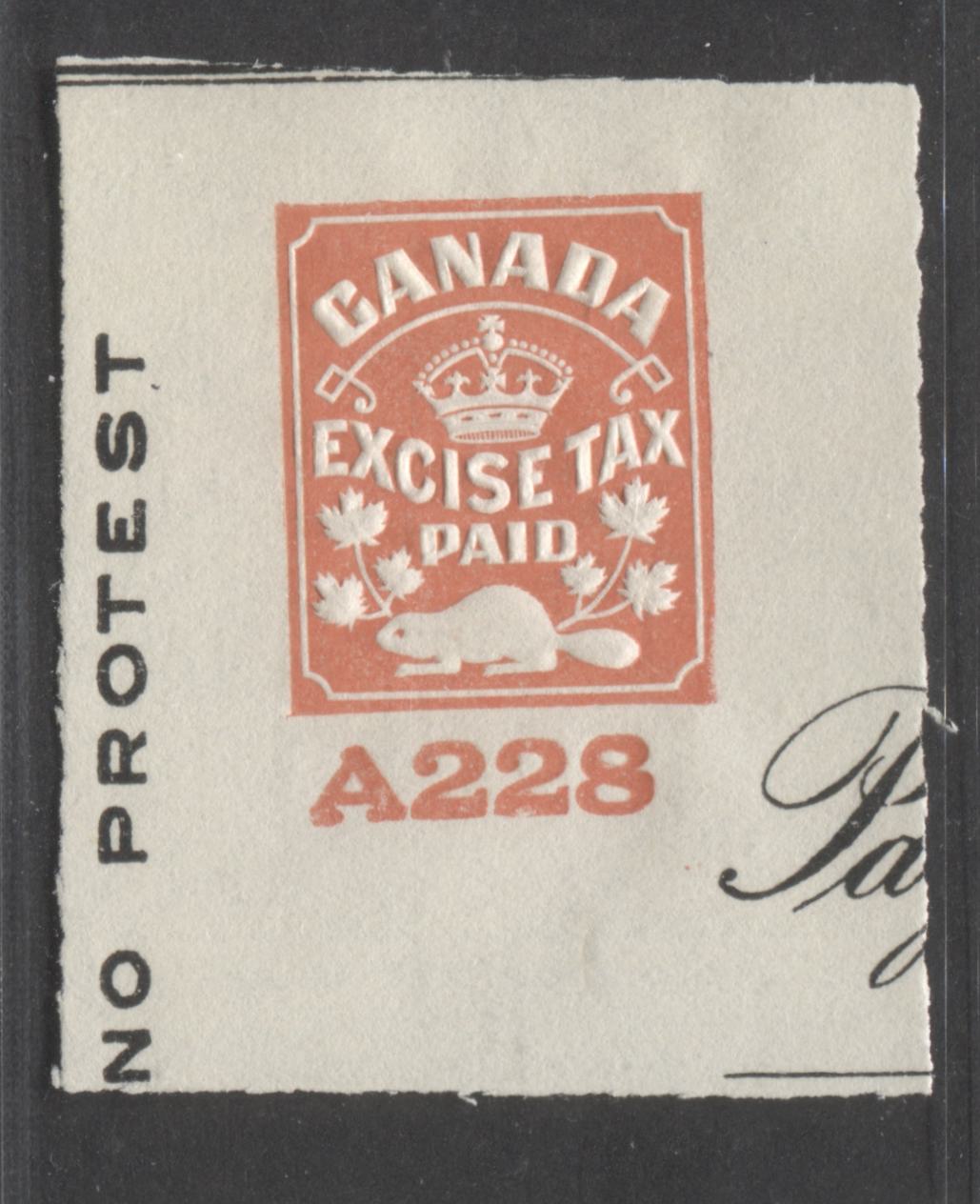 Lot 398 Canada FCH2 Paid Stamp Red , 1915 Federal Embossed Cheque Rev