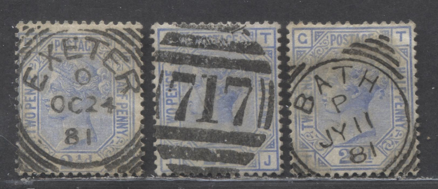 Great Britain SC#82 (SG#157) 2 1/2d Blue 1880-1883 Large Coloured Corner Letters, Plate 21, Imperial Crown Wmk, England Cancels, 3 Very Fine Used Examples, Click on Listing to See ALL Pictures, Estimated Value $34