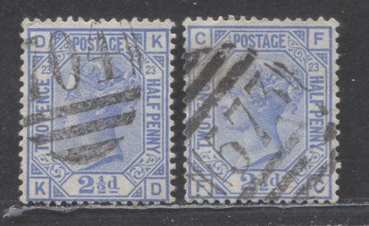 Lot 9 Great Britain SC#82 (SG#157) 2 1/2d Blue 1880-1883 Large Coloured Corner Letters, Plate 23 Printing, Imperial Crown Wmk, 2 Fine Used Examples, Click on Listing to See ALL Pictures, Estimated Value $35