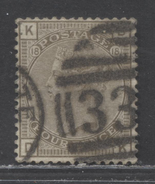 Lot 10 Great Britain SC#84 (SG#160) 4d Grey Brown 1880-1883 Large Coloured Corner Letters, Plate 18 Printing, Imperial Crown Wmk, A Very Good - Fine Used Example, Click on Listing to See ALL Pictures, Estimated Value $25