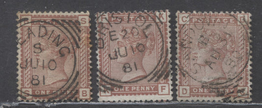 Lot 66 Great Britain SC#79 (SG#166) 1d Venetian Red 1880-1881 Postage Issue , Imperial Crown Wmk, Reading, Bristol & Sandown Cancels, 3 Fine Used Examples, Click on Listing to See ALL Pictures, Estimated Value $22
