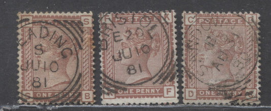 Lot 11 Great Britain SC#79 (SG#166) 1d Venetian Red 1880-1881 Postage Issue , Imperial Crown Wmk, Reading, Bristol & Sandown Cancels, 3 Fine Used Examples, Click on Listing to See ALL Pictures, Estimated Value $22