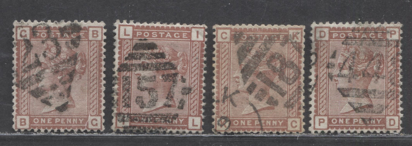 Lot 69 Great Britain SC#79 (SG#166) 1d Venetian Red 1880-1881 Postage Issue , Imperial Crown Wmk, Irish Cancels, 4 Fine/Very Fine Used Examples, Click on Listing to See ALL Pictures, Estimated Value $45