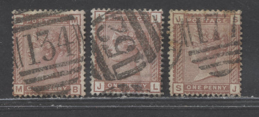 Lot 2 Great Britain SC#79 (SG#166) 1d Venetian Red 1880-1881 Postage Issue , Imperial Crown Wmk, England & Wales Cancels, 3 Very Good - Fine Used Examples, Click on Listing to See ALL Pictures, Estimated Value $15