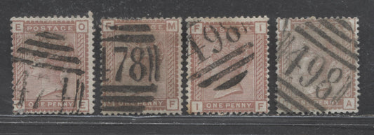 Lot 7 Great Britain SC#79 (SG#166) 1d Venetian Red & Pale Brown 1880-1881 Postage Issue , Imperial Crown Wmk, English Cancels, 4 Very Good - Fine Used Examples, Click on Listing to See ALL Pictures, Estimated Value $20