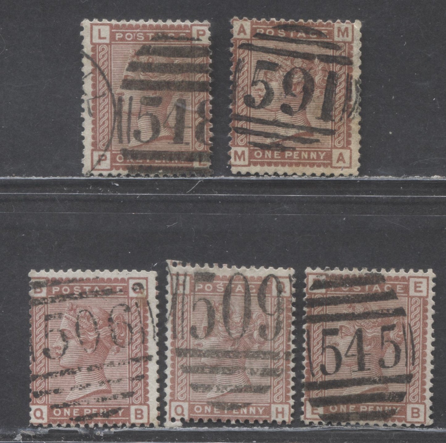 Great Britain SC#79 (SG#166) 1d Venetian Red & Red Brown 1880-1881 Postage Issue , Imperial Crown Wmk, England & Wales Cancels, 4 Very Good - Fine Used Examples, Click on Listing to See ALL Pictures, Estimated Value $25