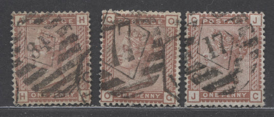 Lot 81 Great Britain SC#79 (SG#166) 1d Red Brown 1880-1881 Postage Issue , Imperial Crown Wmk, London District Diamond Grid Cancels, 3 Fine/Very Fine Used Examples, Click on Listing to See ALL Pictures, Estimated Value $30