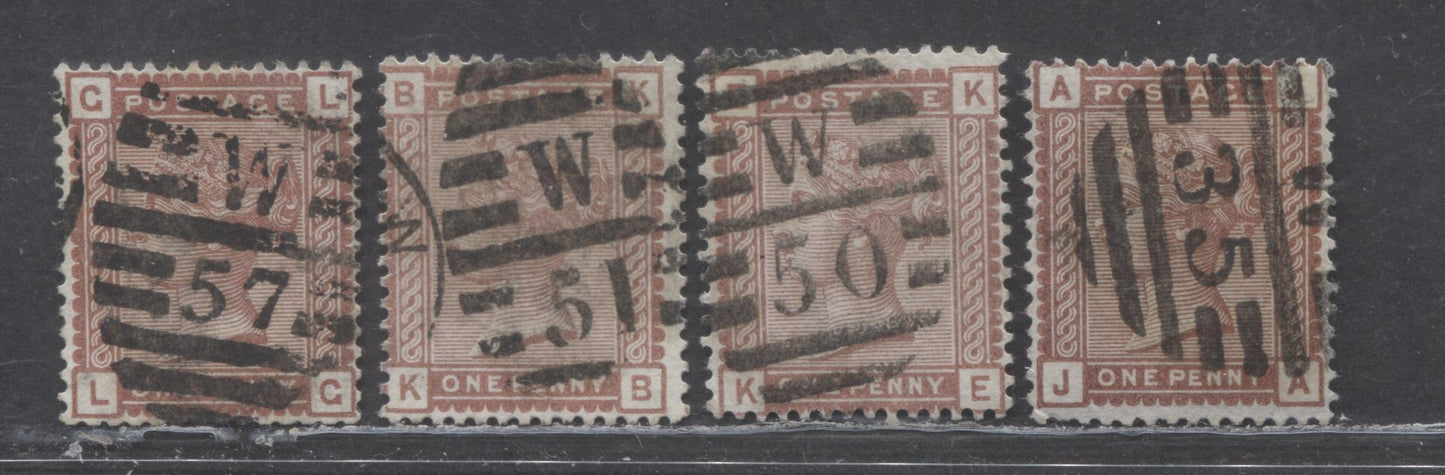 Lot 4 Great Britain SC#79 (SG#166) 1d Red Brown 1880-1881 Postage Issue , Imperial Crown Wmk, London District Barred Oval Cancels, 4 Very Good - Fine Used Examples, Click on Listing to See ALL Pictures, Estimated Value $20