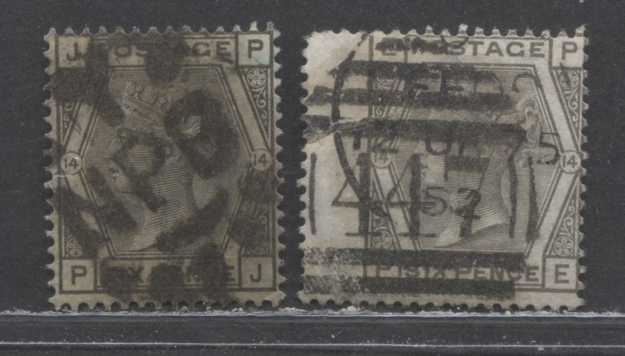 Great Britain SC#62 (SG#147) 6d Grey 1873-1880 Large Coloured Corner Letters, Plate 14 Printing, Spray Of Rose Wmk, NPD cancel & #447 Leeds Yorkshire, 2 Very Good Used Examples, Estimated Value $45