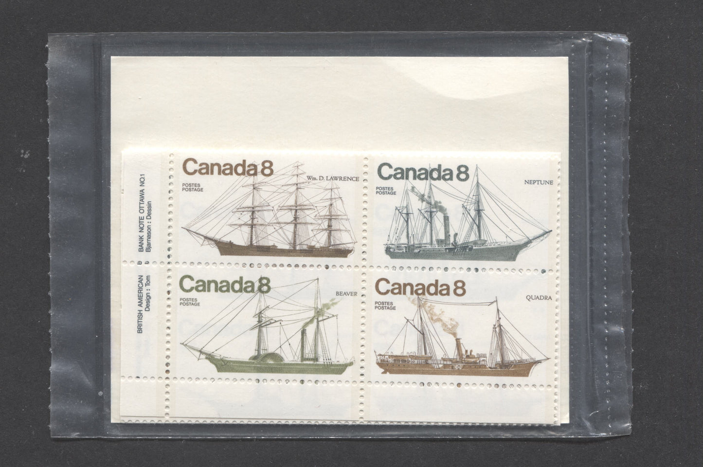 Lot 58 Canada #673aii 8c Light Brown - Yellow Brown D. Lawrence - Quadra, 1975 Coastal Vessels, A VFNH Sealed Pack Of Plate Blocks On LF Paper With DF Insert Type 2B, Unitrade Cat. As Blocks $12
